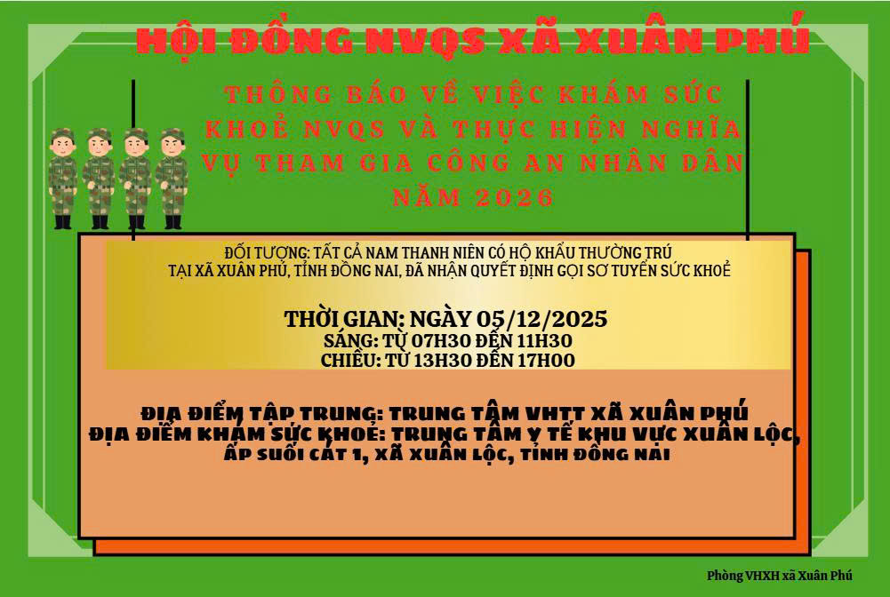 THÔNG BÁO KHÁM TUYỂN SỨC KHOẺ NGHĨA VỤ QUÂN SỰ VÀ NGHĨA VỤ THAM GIA CÔNG AN NHÂN DÂN NĂM 2026